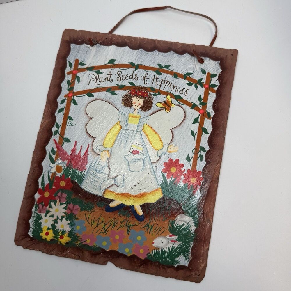 Plant Seeds Of Happiness Garden Angel Hand Painted Slate Hanging Decor 10”x8”